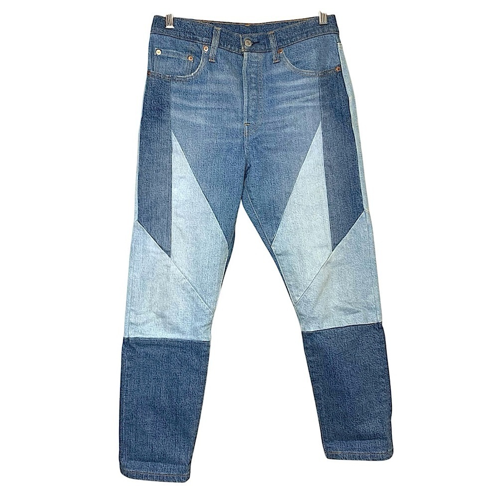 Levis Premium 501s Jeans Patchwork W Sz 28 Blue Hi Rise Denim Tapered Button Fly